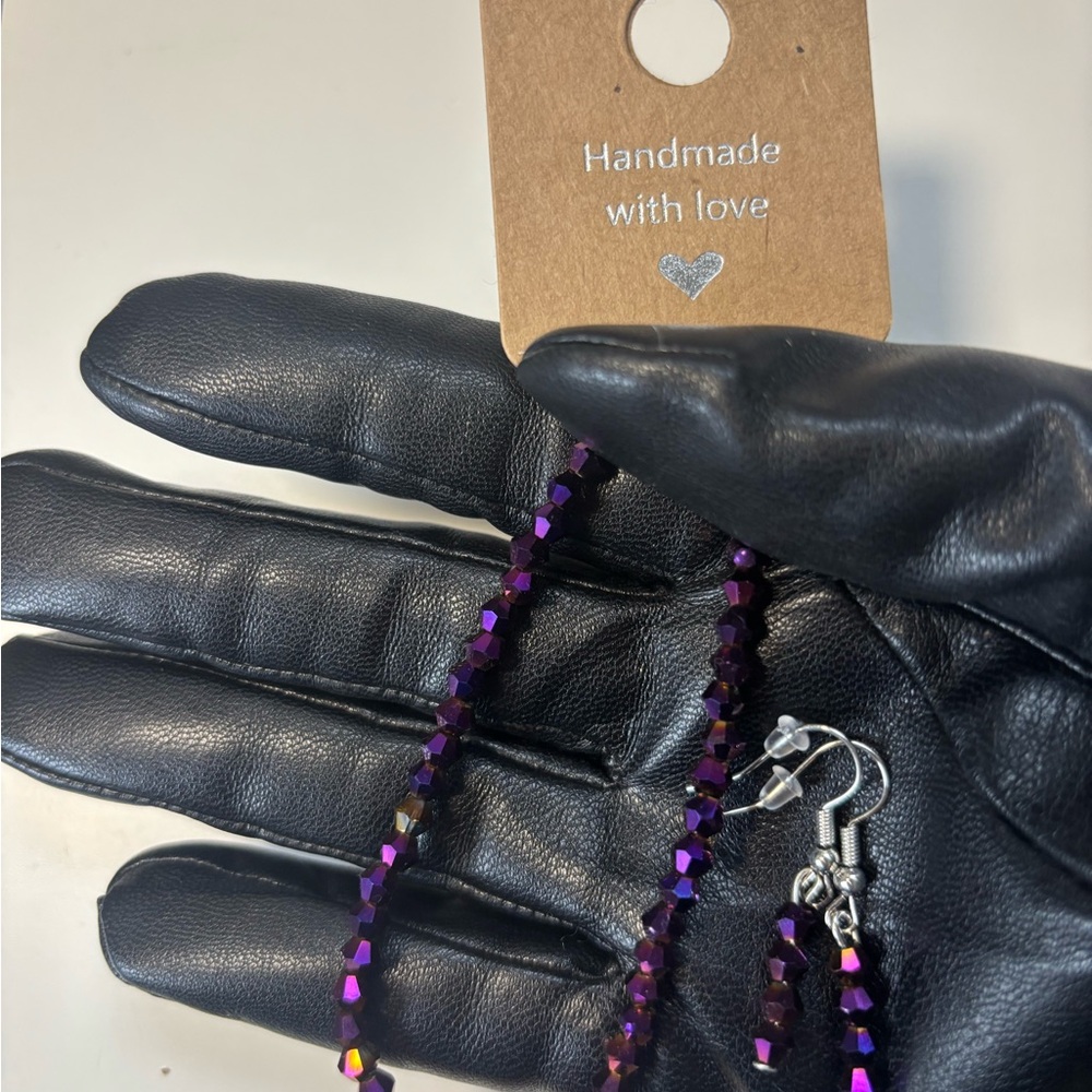Handmade Facetted Crystal Glass Beaded Bracelet & Earrings Set Purple - Picture 2 of 2